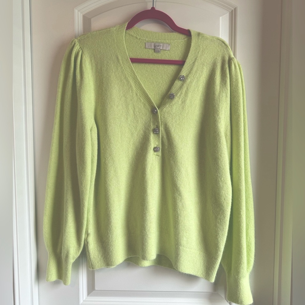 LOFT Lime Green V-Neck Sweater - Picture 2 of 6